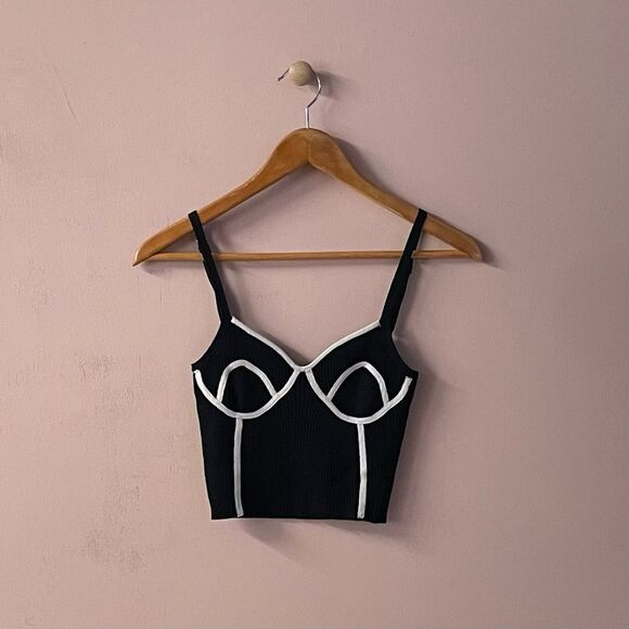 Say What Black Ribbed White Trim Crop Top - Picture 1 of 11